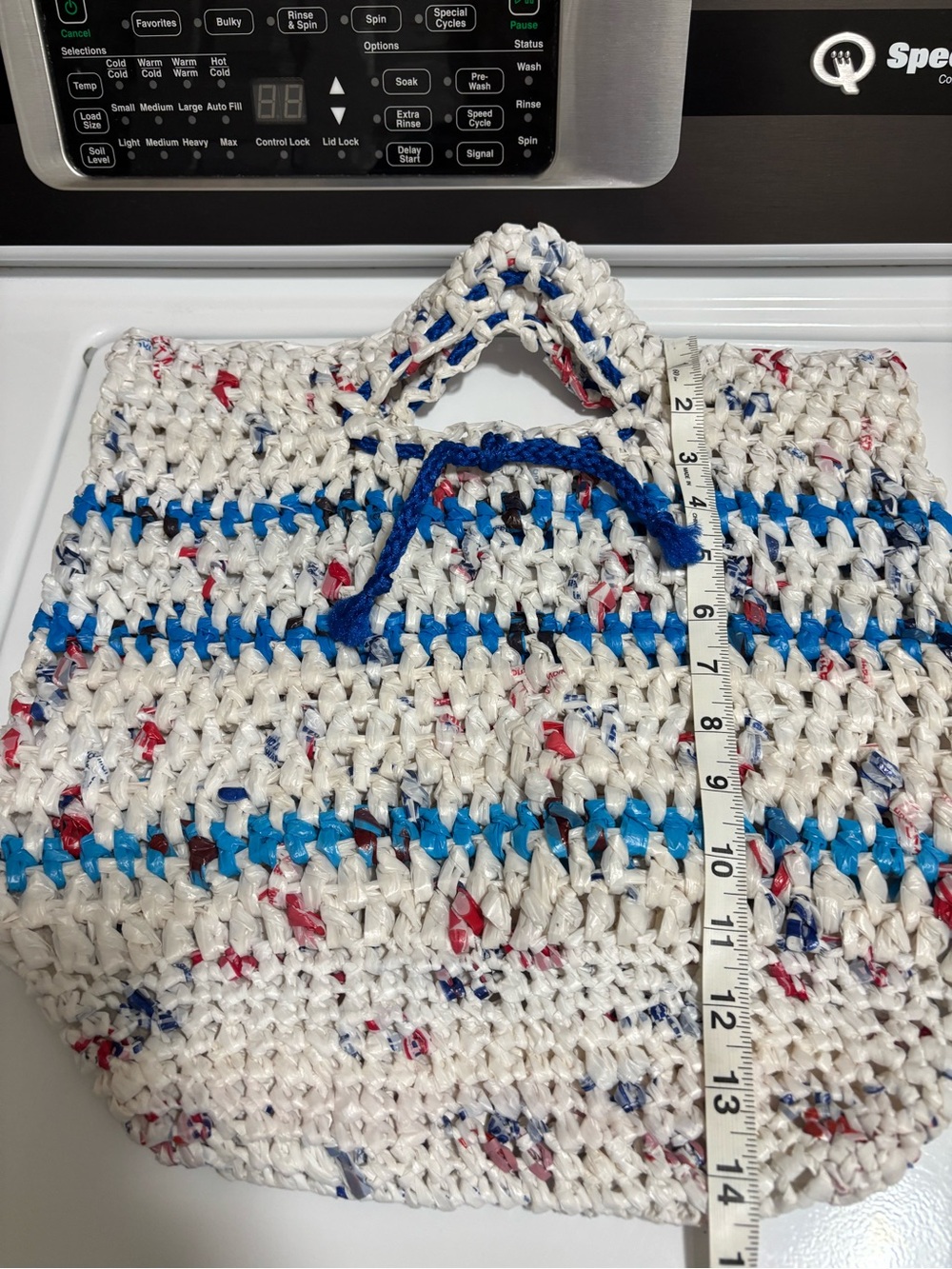 Handcrafted White Crocheted Tote with Blue Accents